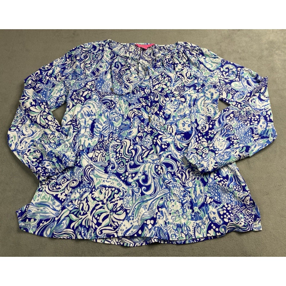 Lilly Pulitzer Blouse XS Blue Willa Sea Life Top Tie Summer Resort Casual Light